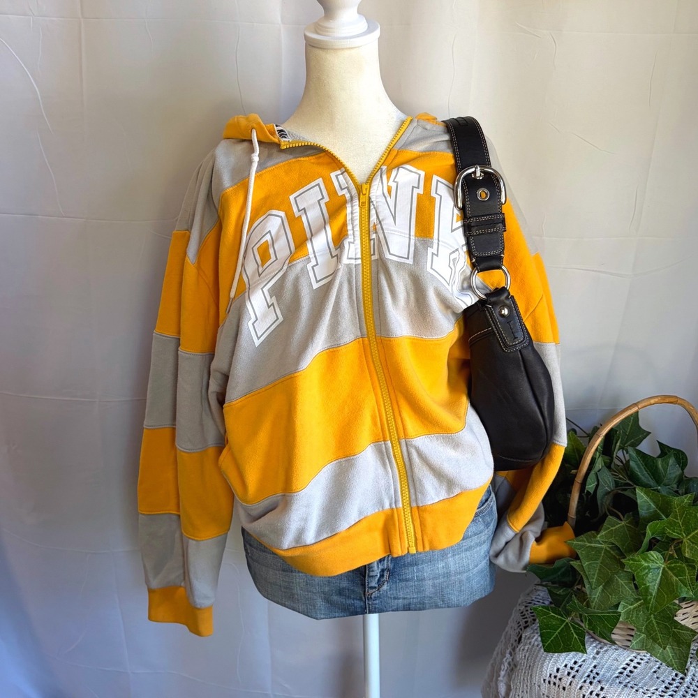 Y2K Grunge Victorias Secret PINK Full Zip Hoodie Yellow Grey Striped Sweatshirt